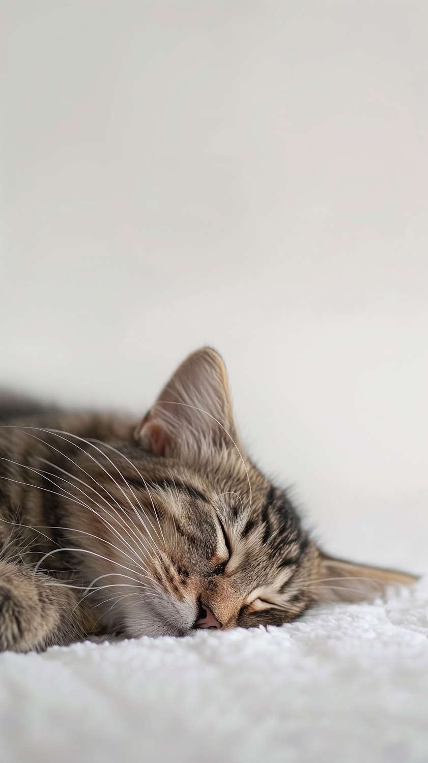 A tabby cat curled up asleep on a white blanket