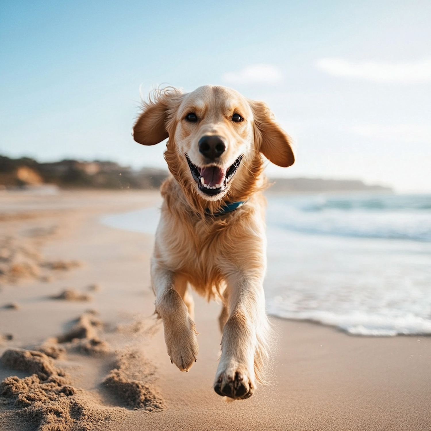 A golden retriever running along a sunlit beach with the sea behind it